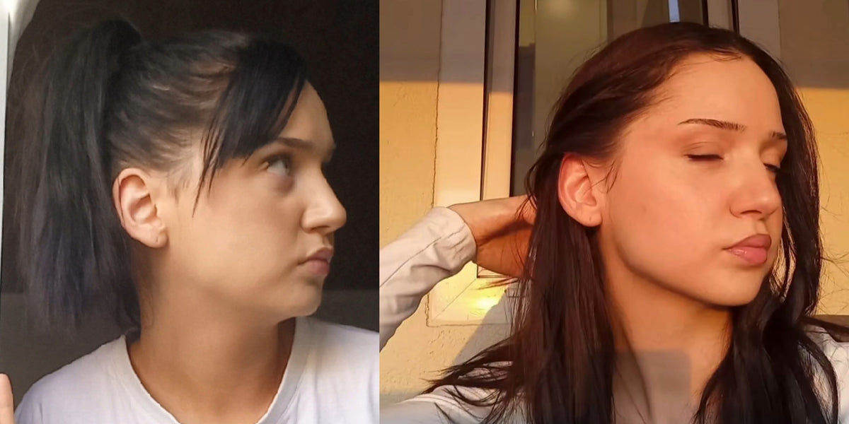 Side profile · sharper chin & neckline